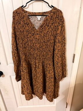 Ava & Viv Rust Brown Floral Smocked V-Neck Long Sleeve Dress